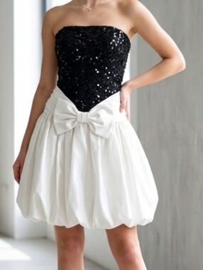 Vtg 80s 90s Strapless Scarlett Sequin Lace Bubble Skirt Prom Dress Big Bow Party